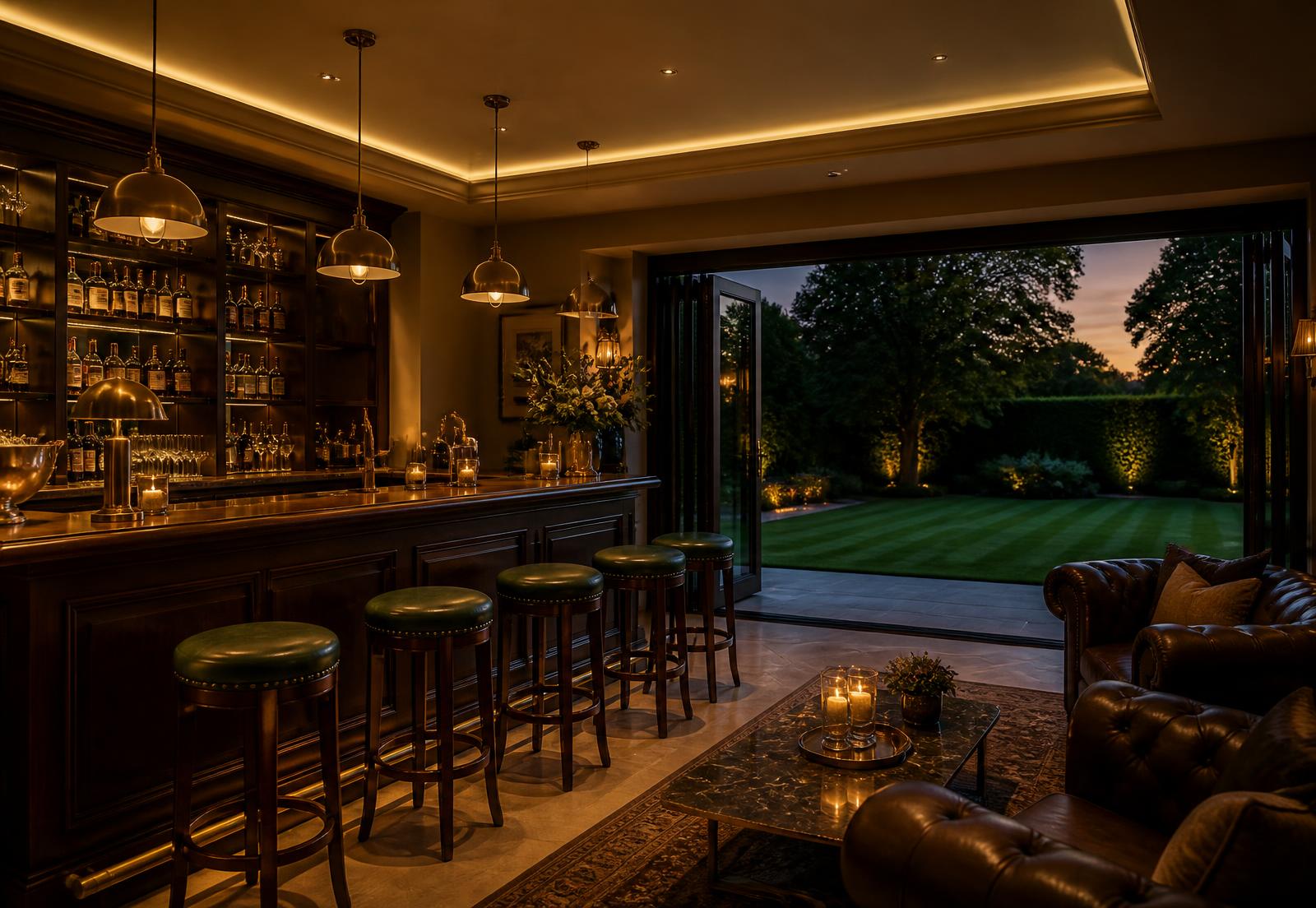 Luxury garden bar and entertainment room at dusk with brass lighting, dark joinery and open bi-fold doors