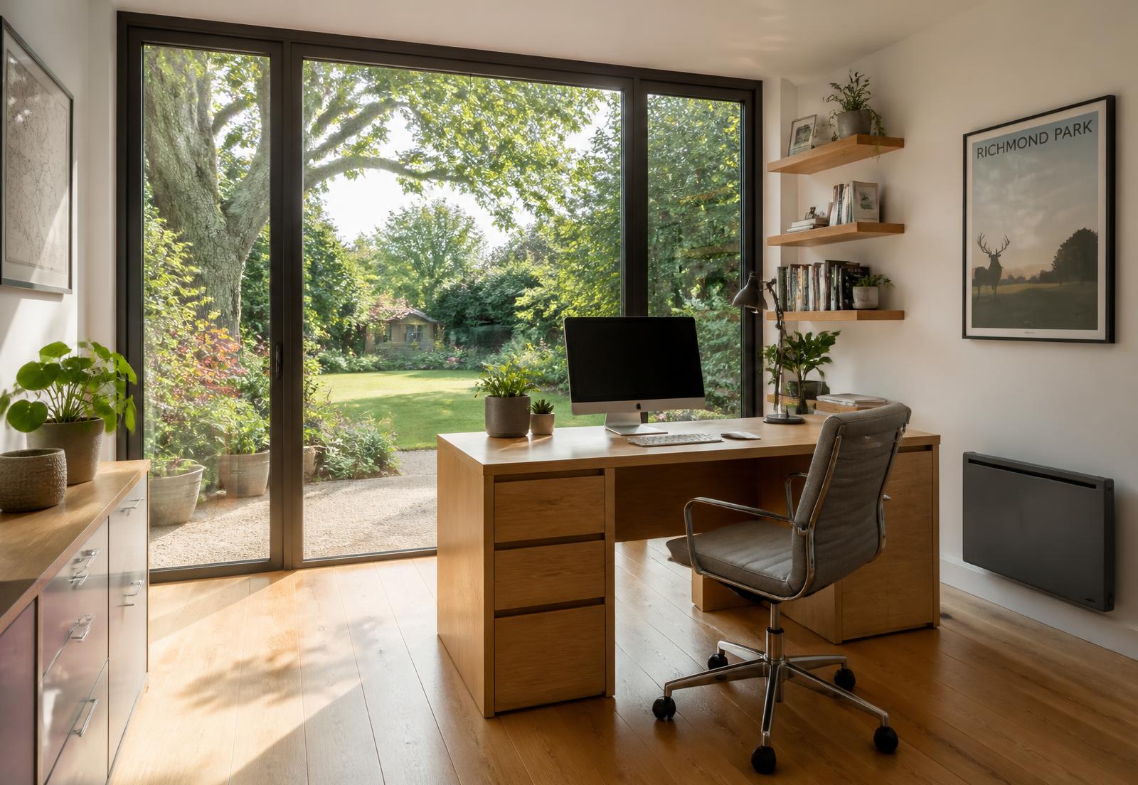Garden office interior with an oak desk facing full-height glazing onto a green garden