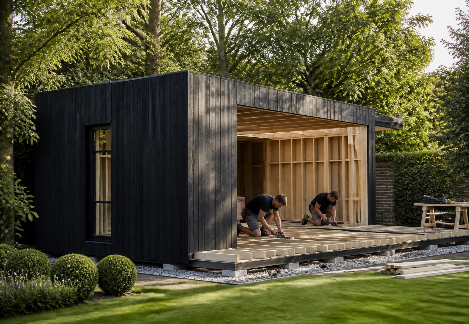 Skilled craftsmen building a premium black timber clad garden room with exposed timber frame in an Essex garden