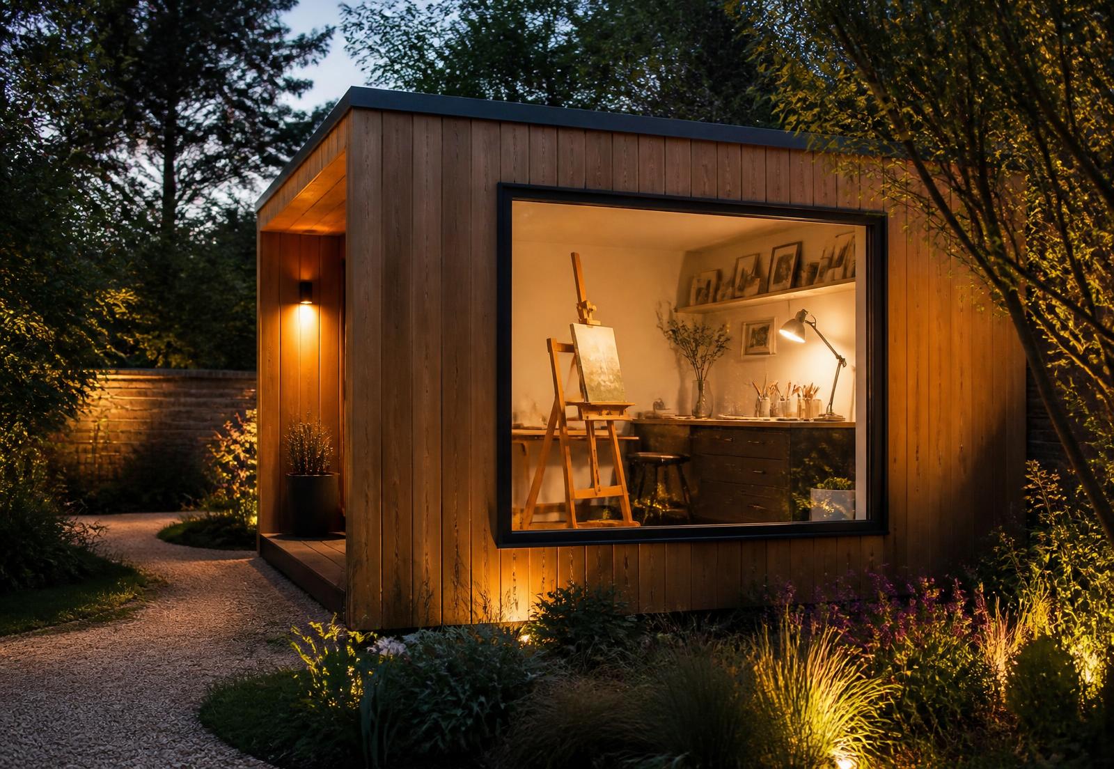 Cedar clad garden studio at dusk with a large picture window showing an easel and worktop inside